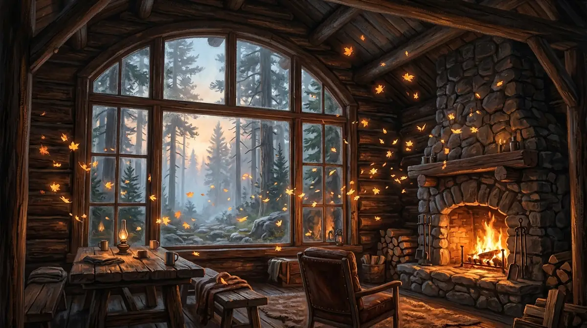 Inside the log cabin looking out at dawn